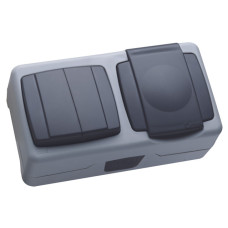 Выключатель 2-клавишный+розетка с крышкой MAKEL влагозащищенная серия 36064203