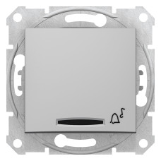 Кнопочный выключатель sedna с символом "колокольчик" и подсветкой алюминий.