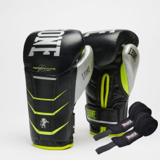 Боксерские перчатки Leone GN110F REVO FLUO Black 12 унций (бинты 4 м. в комплекте)